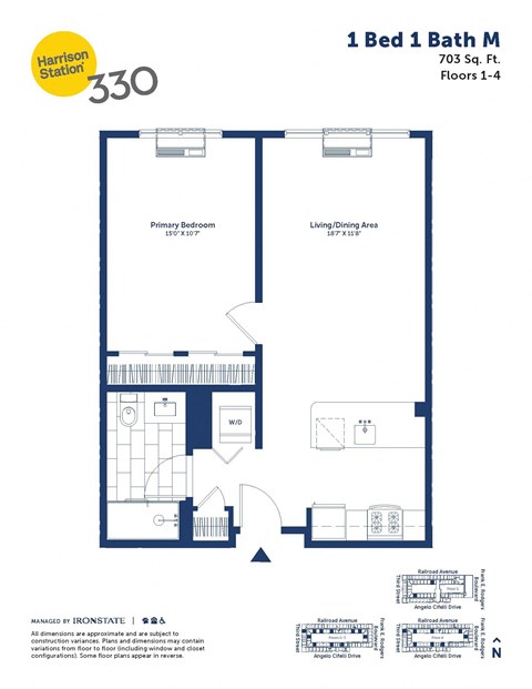 Floor plan for 1 bed, 1 bath, 703 sqft